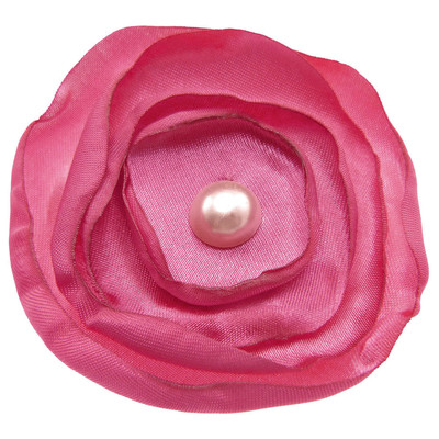 Brosche Haarspange Blume rund flach satin rosa fuchshia weiße Perle 