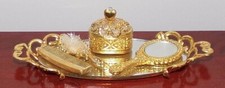 Dollhouse Miniatures Vanity Tray Set-Mirror Brush Comb 1:12 Scale Gold New 