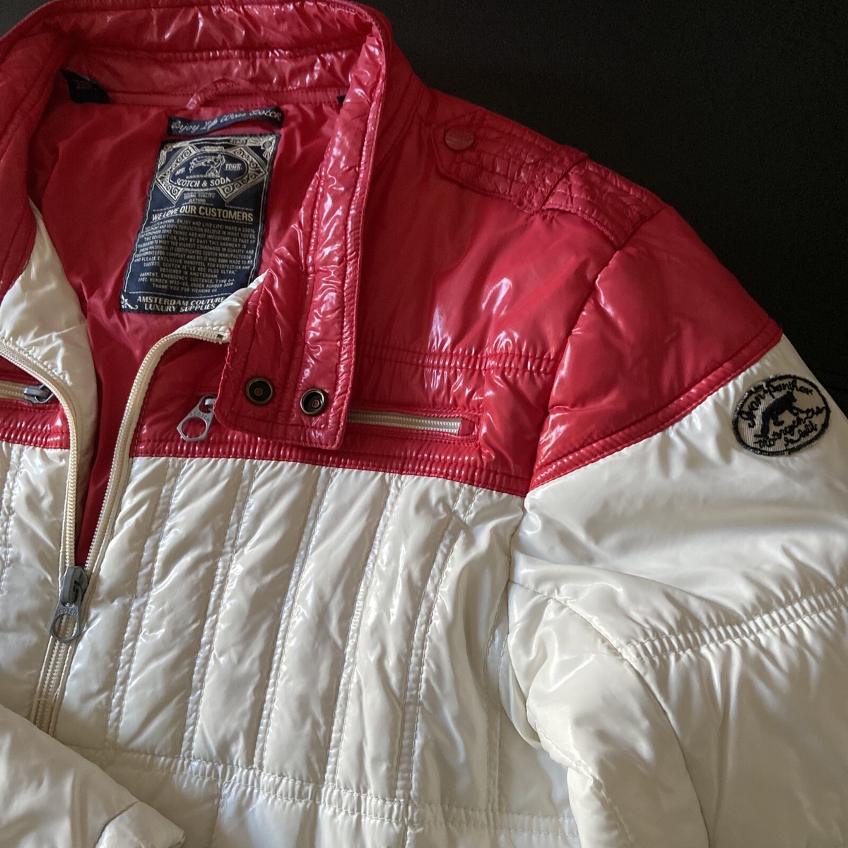 RARE Scotch & Soda Mens Biker Jacket Red White Blue puffer