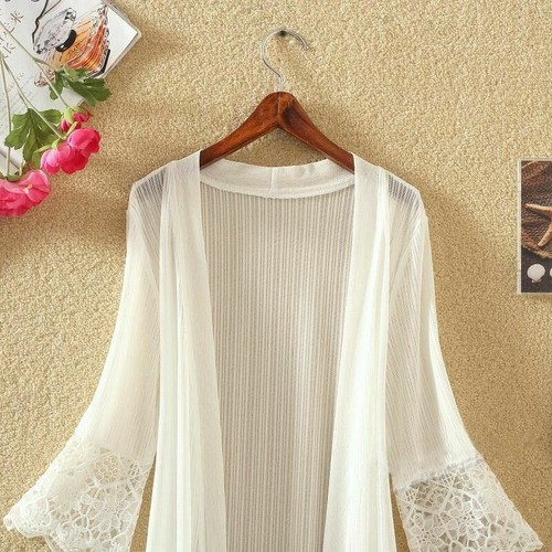 Women Lace Mesh Sheer Long Duster Coat Cardigan Flared 3/4 Sleeve Loose Summer - Picture 6 of 10