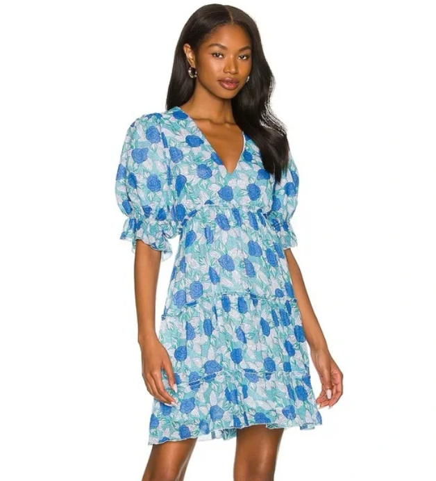 NEW, Saylor Leigha Floral Puff Sleeve Mini Dress in Blue Size M #D6100