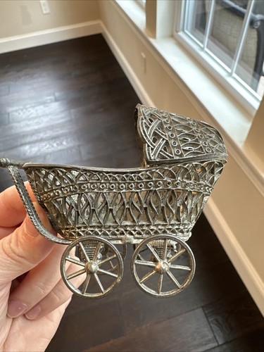 Vintage Antique Silver Tone Metal Miniature Dollhouse Baby Carriage Stroller