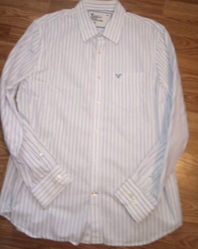 American Eagle Men's Long Sleeve Dress Shirt Size XL Stripes White/Blue Cotton