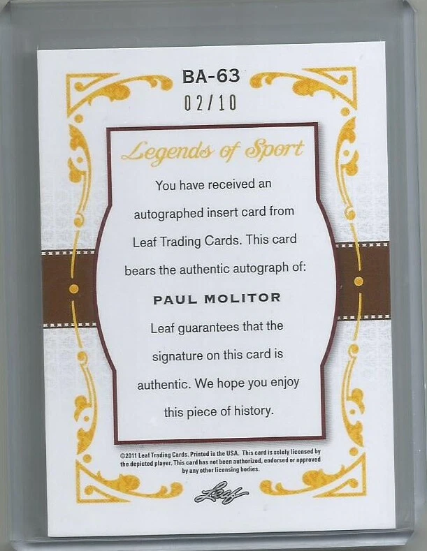 2011 LEAF LEGENDS OF SPORTS PAUL MOLITOR AUTHENTIC AUTO INSERT 02/10 BA-63 NM/MT - Image 2 of 2