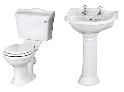 Traditional Bathroom Basin Sink and Toilet WC Cistern Pan With Seat Set Suite