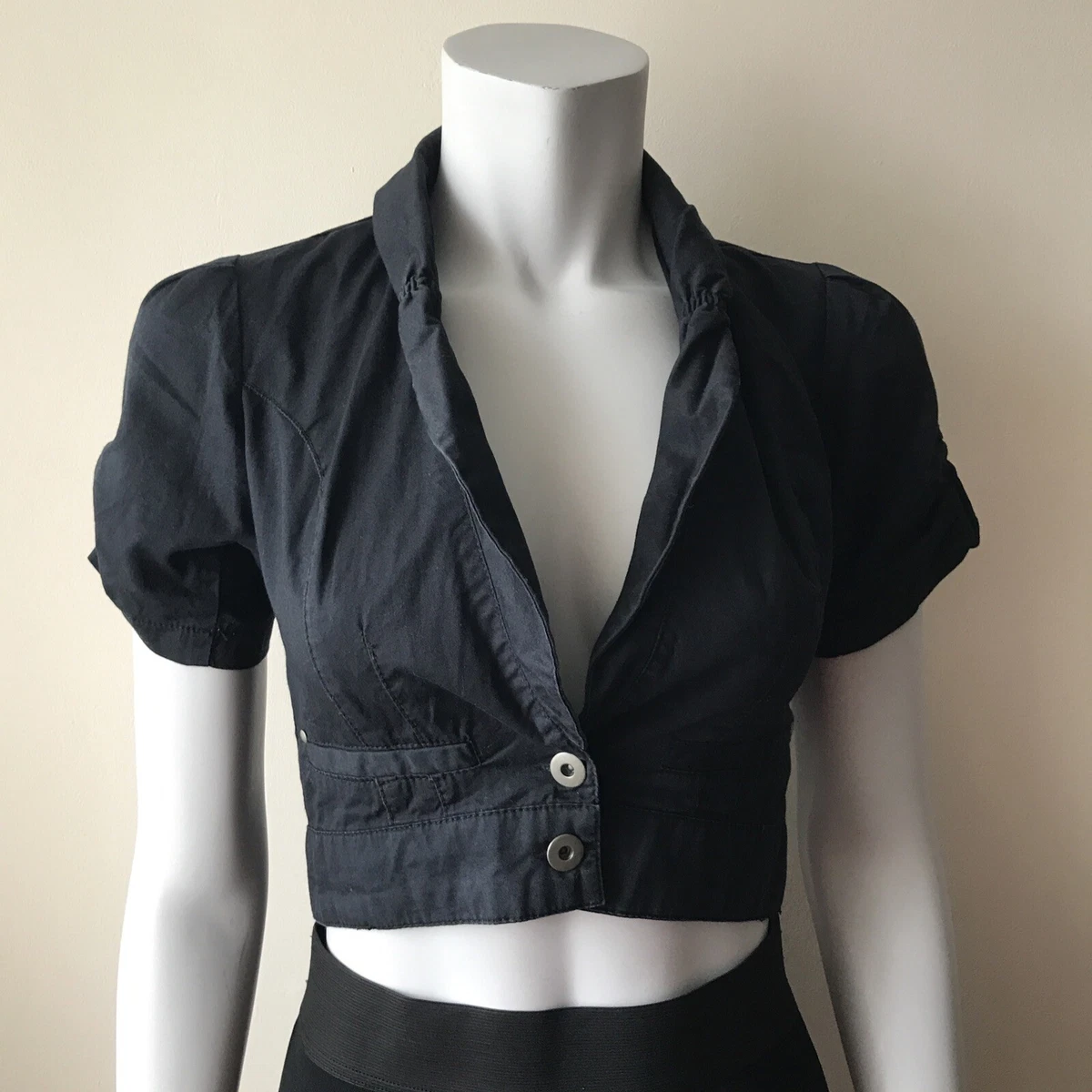 Y2K ZOE Black Cropped Short Sleeve Button Up Lightweight Cotton