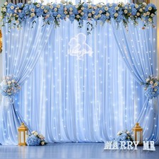10ft x 10ft Baby Blue Chiffon Backdrop Curtain with Lights String for Parties...
