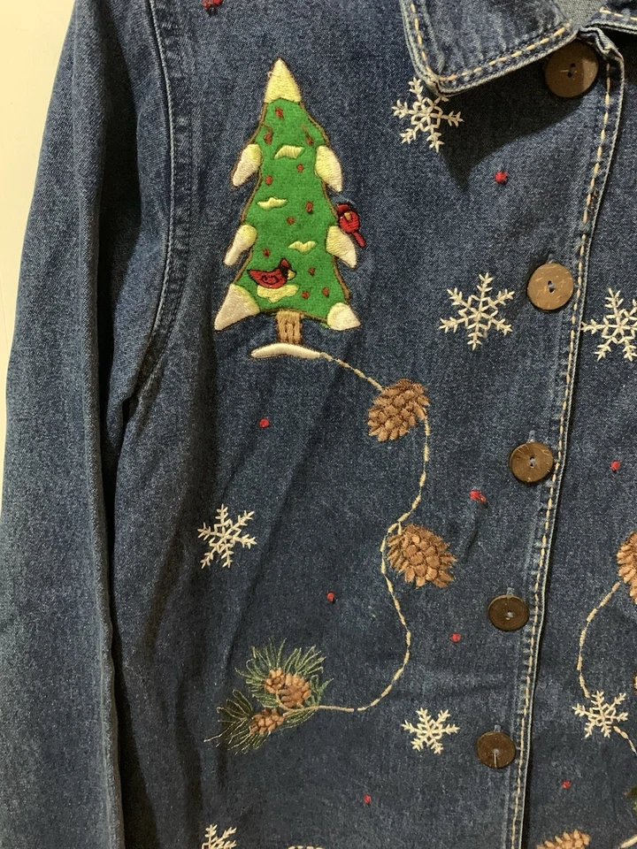 Camisa Denim NorthCrest Vintage Para Mujer Talla Mediana Bordada Navidad Pájaros Foto 4 de 4