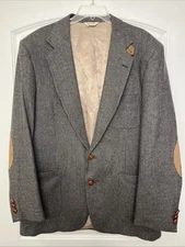Vintage Younkers Tweed Blazer Jacket 44R Tan Wool Elbow Patch Leather Buttons