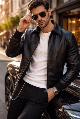 Schwarz Herren Basic Kunstlederjacke Biker Rocker Bequem Übergangsjacke