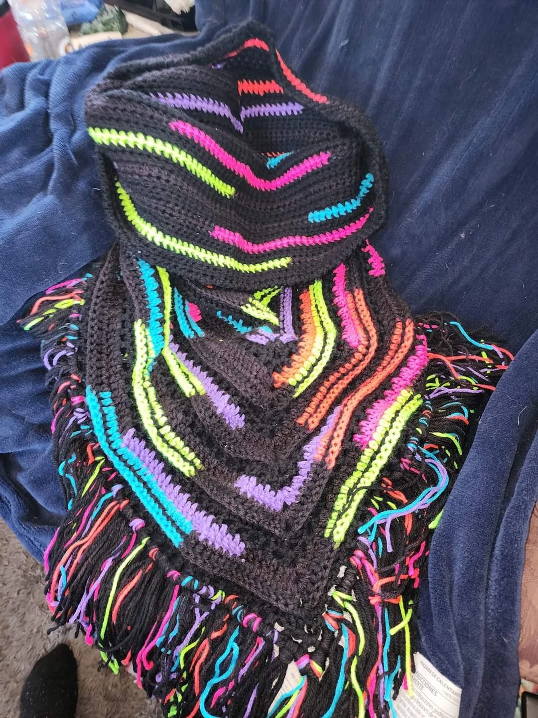 Crocheted Wild Oleander Hooded Black And Flourescent ScarfScarf