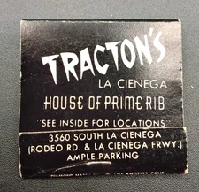 Vintage Matchbook Cover TRACTON'S HOUSE OF PRIME RIB LOS ANGELES CALIFORNIA