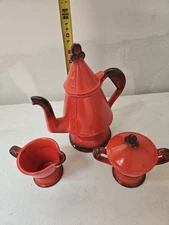 Vintage MCM Metlox Poppy Trail Red Rooster Tea Coffee Pot & Cream Sugar Set