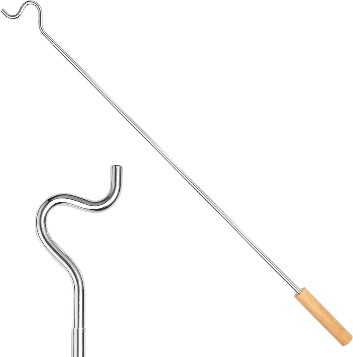 Closet Reacher Pole with Hook and Wooden Handle, Heavy Duty