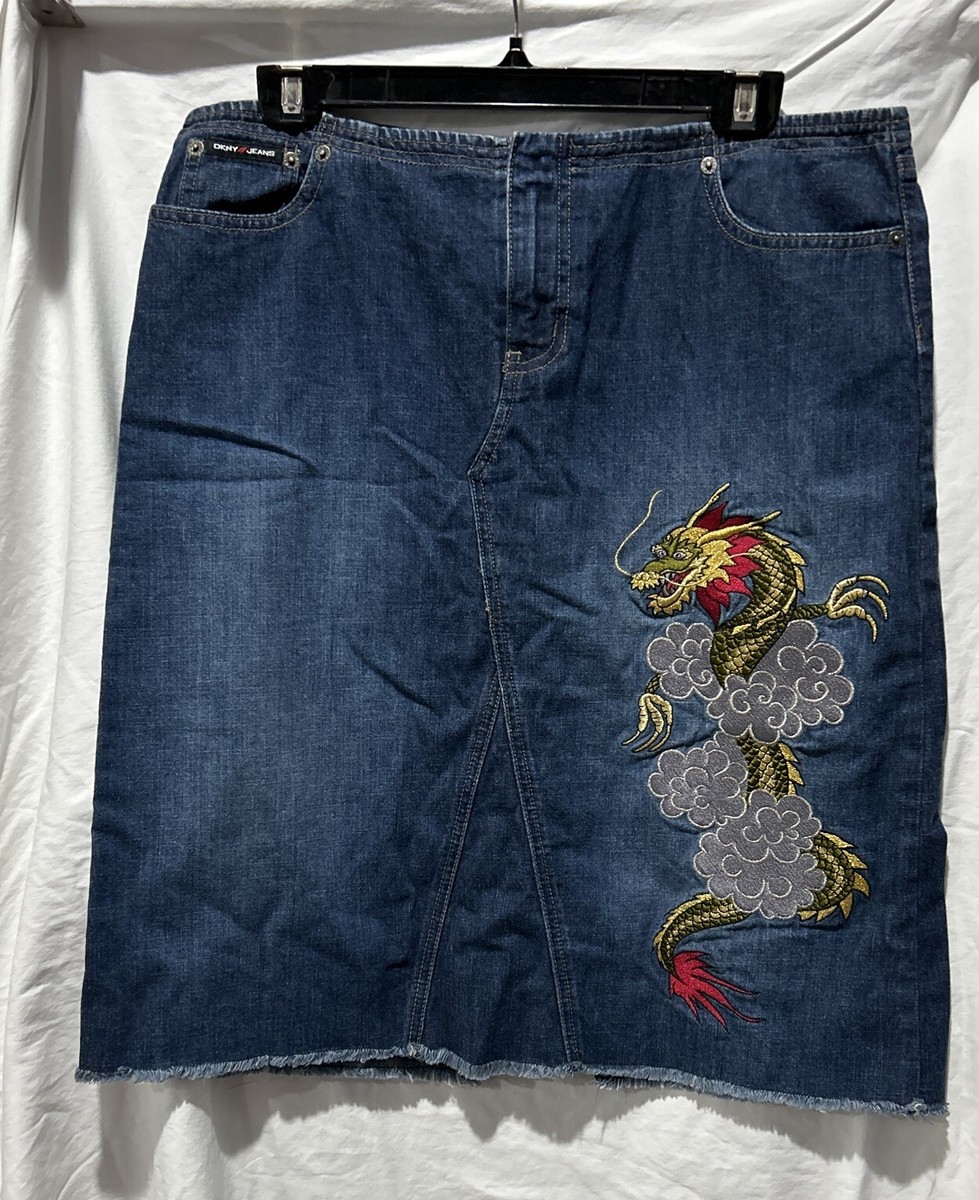 Vintage 90s DKNY Denim Jean Skirt Size 13 Dragon Embroidered