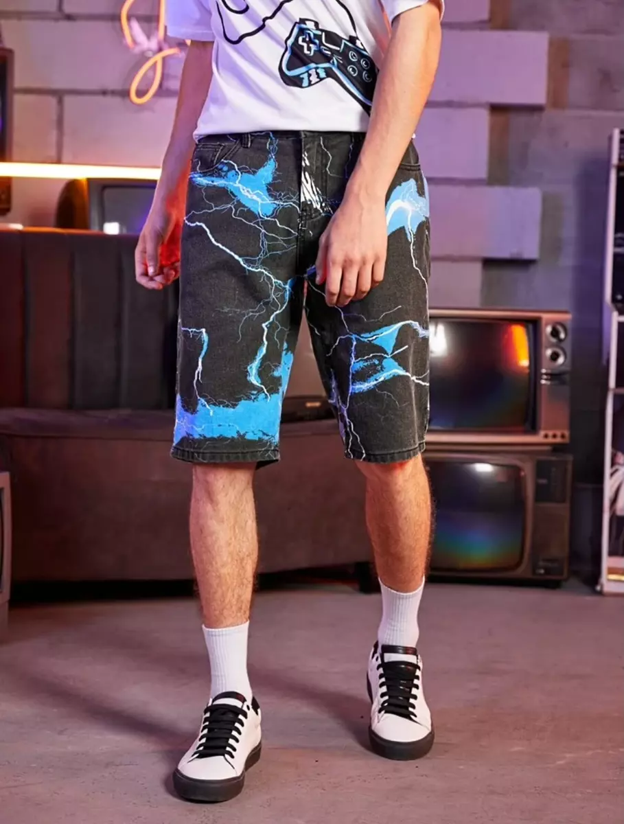 Men Lightning Graphic Print Denim Black Shorts New Casual Streetwear Trendy Hot