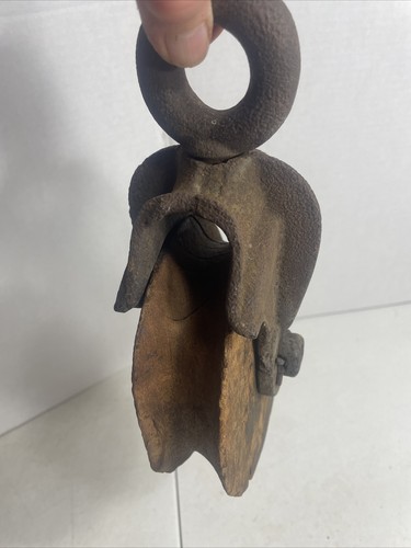 Vtg. Wood Steel Cast Iron Wheel Rope Pulley Ring Pully Garden Shabby Hanger 9" - Picture 12 of 12
