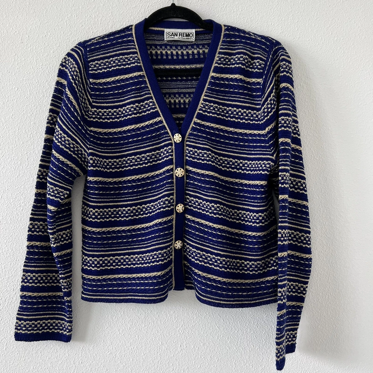 San Remo by Laura Knits V neck Blue Gold Knit Cardigan Sweater