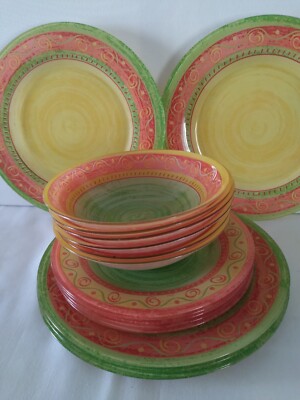 Luminarc Palluy Plates Dinner, Salad Bowls Set Of 18 Yellow & Green