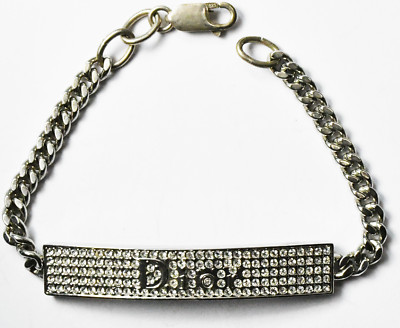 Sterling Silver Retro Christian Dior Pave CZ ID Bracelet 10mm 7.5''