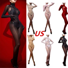 Women's High Elastic Bodysuit Glossy Sheer Bodystockings Stretchy Jumpsuit