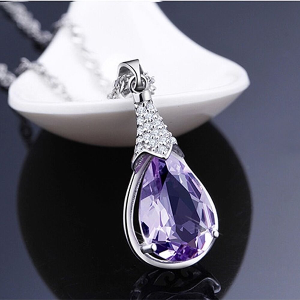 Crystal Water Drop Pendant Chain Necklace 925 Sterling Silver Women