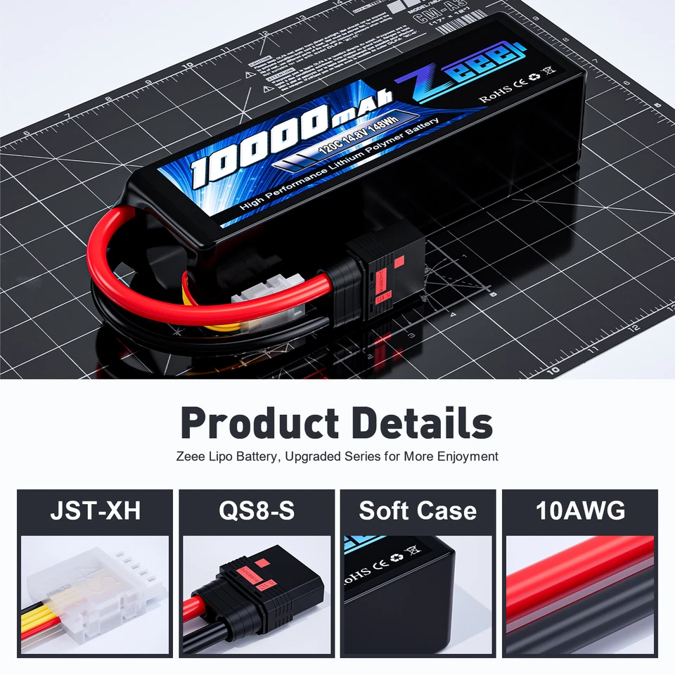 2x Zeee 14.8V 120C 10000mAh 4S Lipo Battery QS8 Plug Soft Pack for Xmaxx RC Car - Image 2 of 4