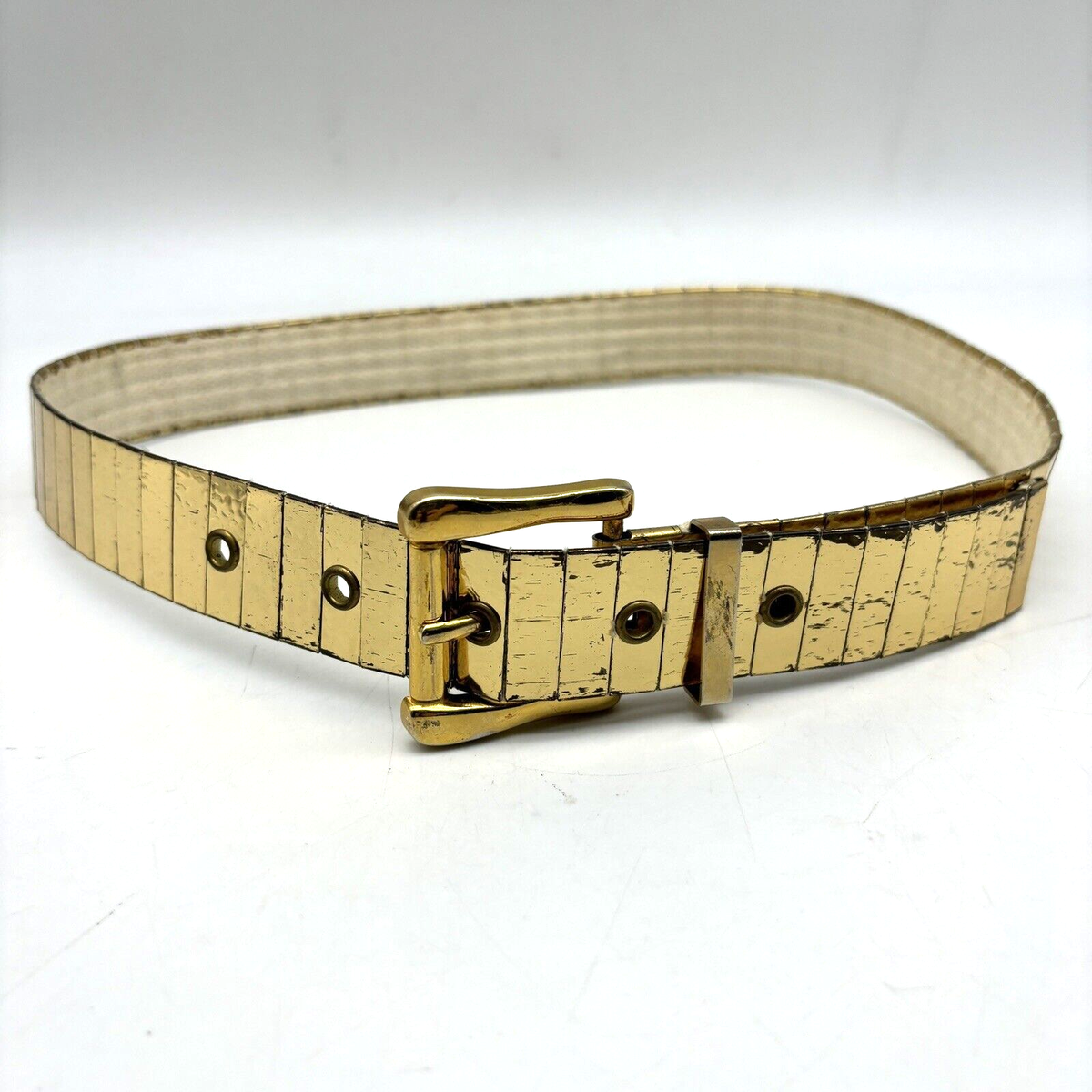 Vintage 80s Metallic Gold Metal Foil Segmented Belt Made in  display picture 3