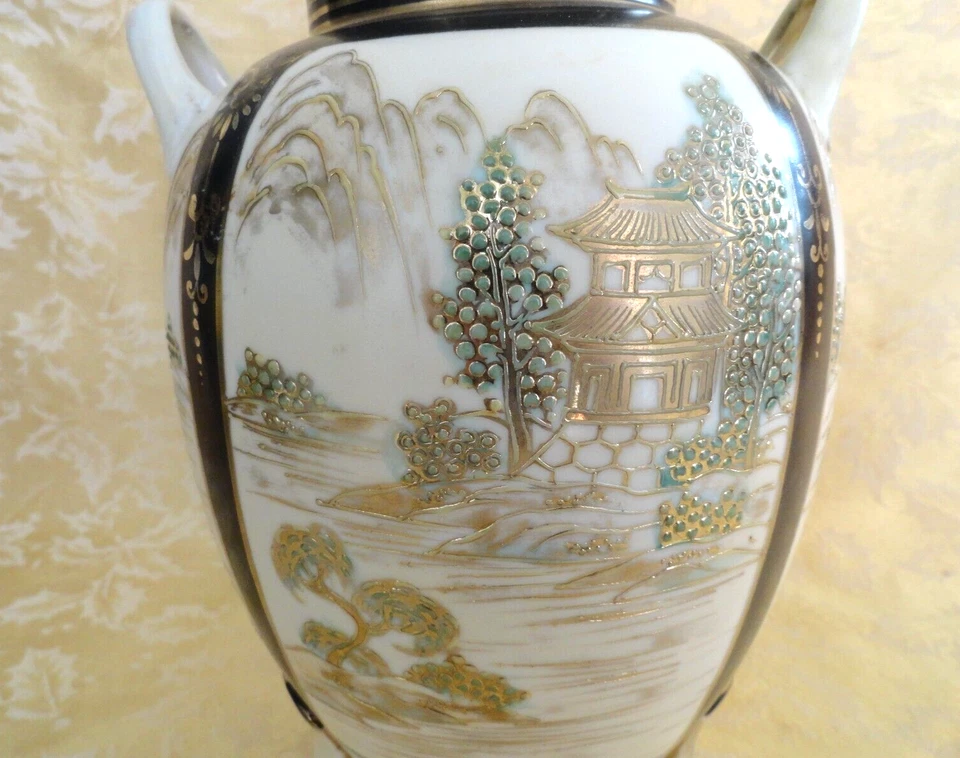 Antique Nippon Chikusa Moriage Hand Painted Footed Vase Pavilion Country Scene - Image 3 of 4