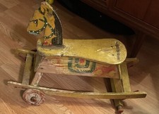Vintage 1940s French Style Handmade Hand Painted Wooden Wheeled Rocking Horse