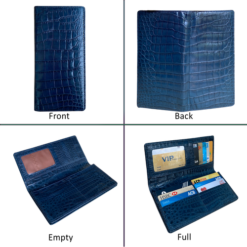 Blue Real Premium Leather Long BIfold Leather Wallet Men Skin Checkboook Wallet - Picture 3 of 13