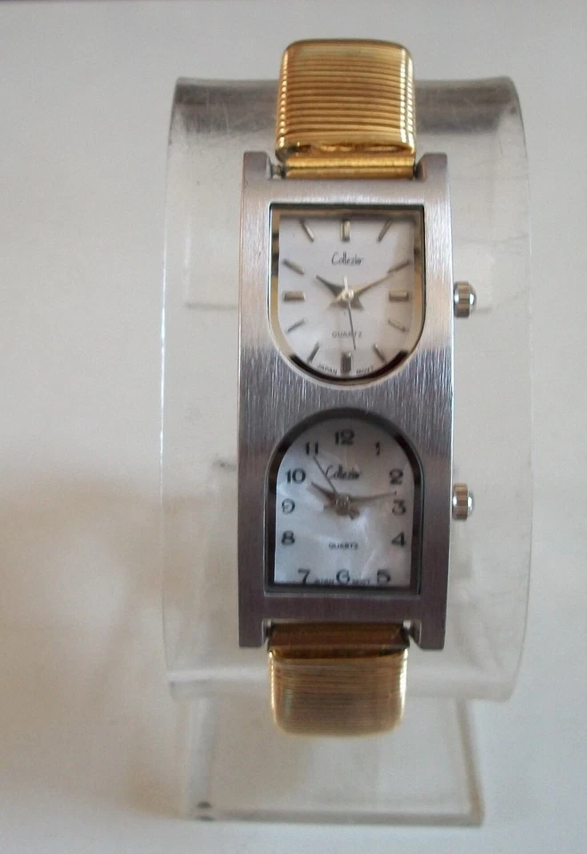 Reloj de moda mujer correa elástica acabado plata y oro doble hora (2 zona horaria) Foto 3 de 4