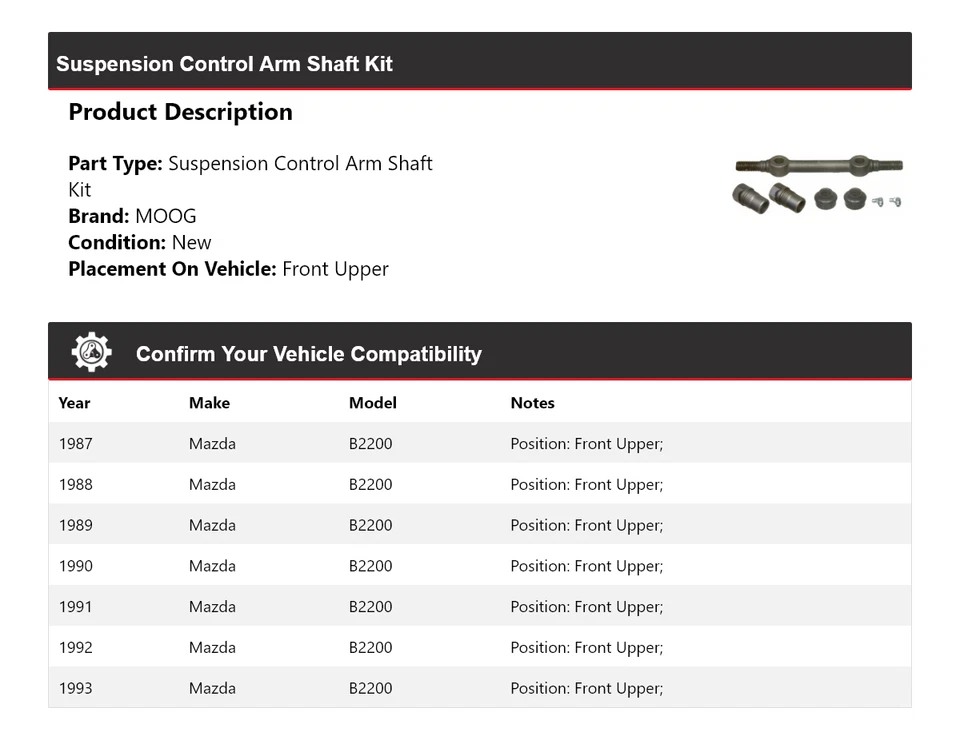Kit de brazo de control de suspensión delantero superior MOOG 1987-1993 para Mazda B2200 Foto 2 de 3