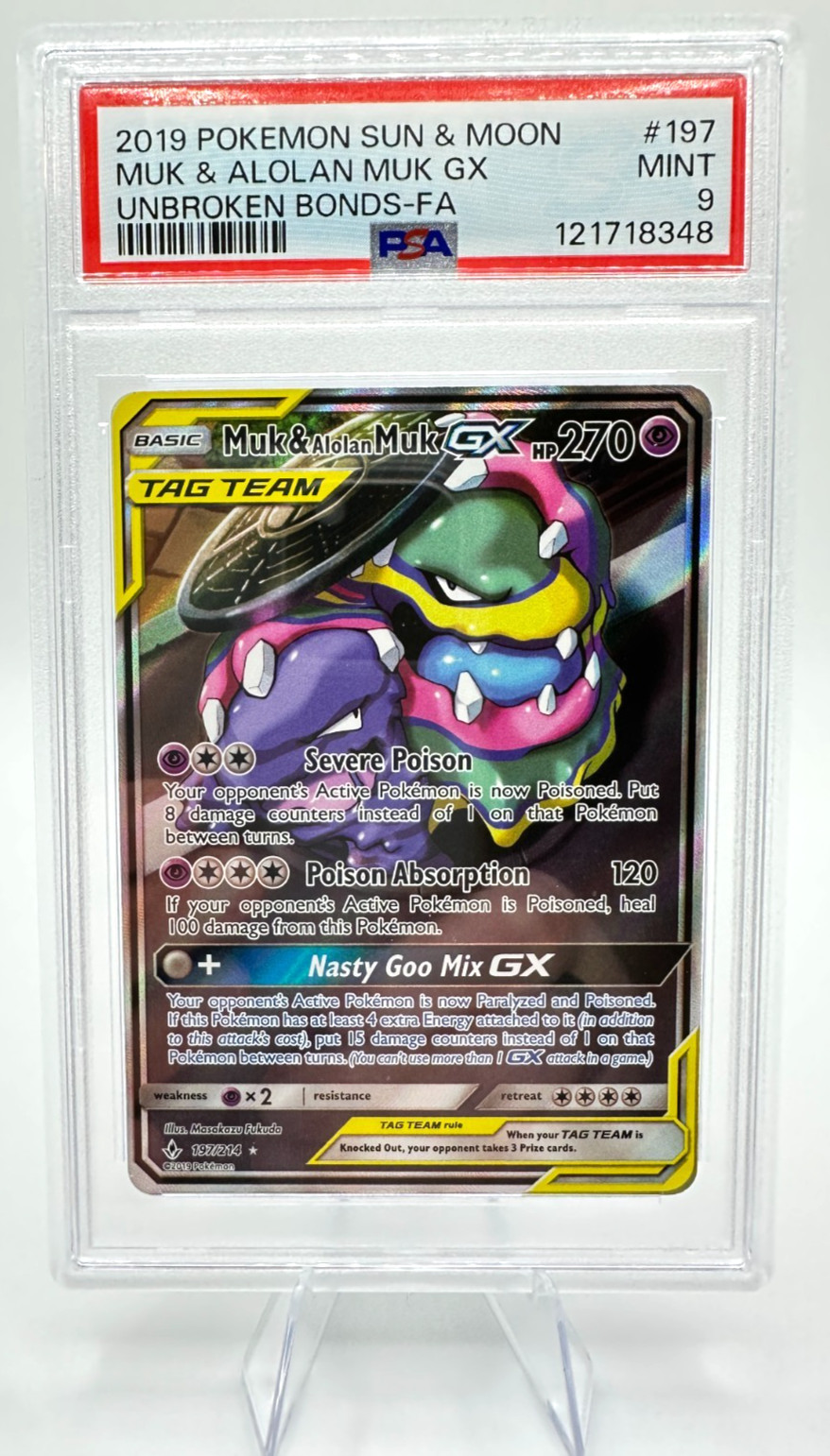 2019 Pokemon S&M Unbroken Bonds Muk & Alolan Muk GX #197 | TAG TEAM | PSA 9 MINT