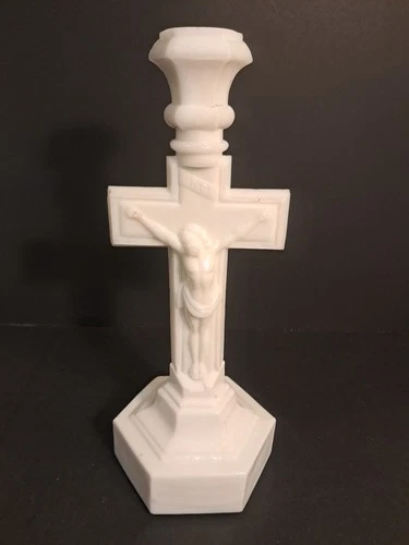 Vintage White Milk Glass Crucifix Standing Cross-candleholder  11.5”