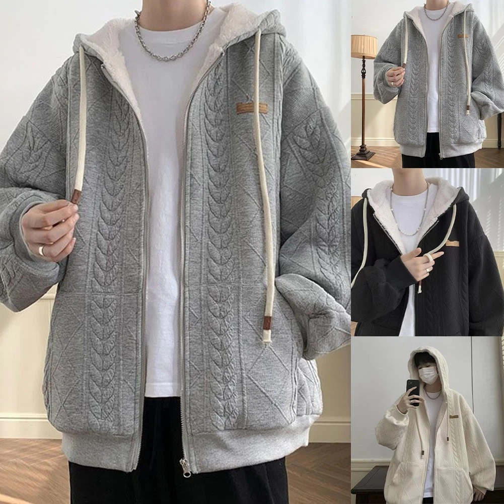 Loose Fit Men Plus Fleece Thick Hooded Casual Windproof Zipper Outerwear