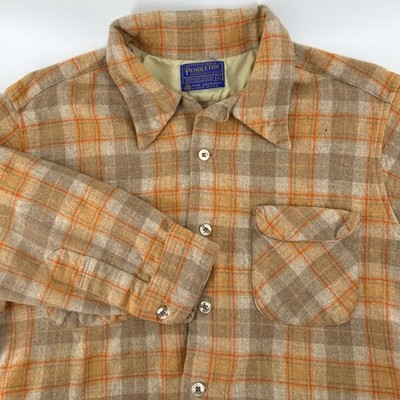 Vintage Pendleton Board Shirt XL Tan Orange Plaid Virgin Wool Button Loop Collar
