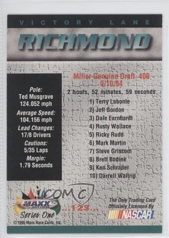 1995 Maxx Victory Lane Terry Labonte #123 HOF - Image 2 of 2