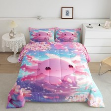 Cartoon Axolotl Comforter Set Full Size,Cute Pink Salamander Bedding Set,Girl...