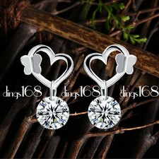 925 Sterling Silver Tarnish-Resist Butterfly Crystal Heart Post Earrings T734