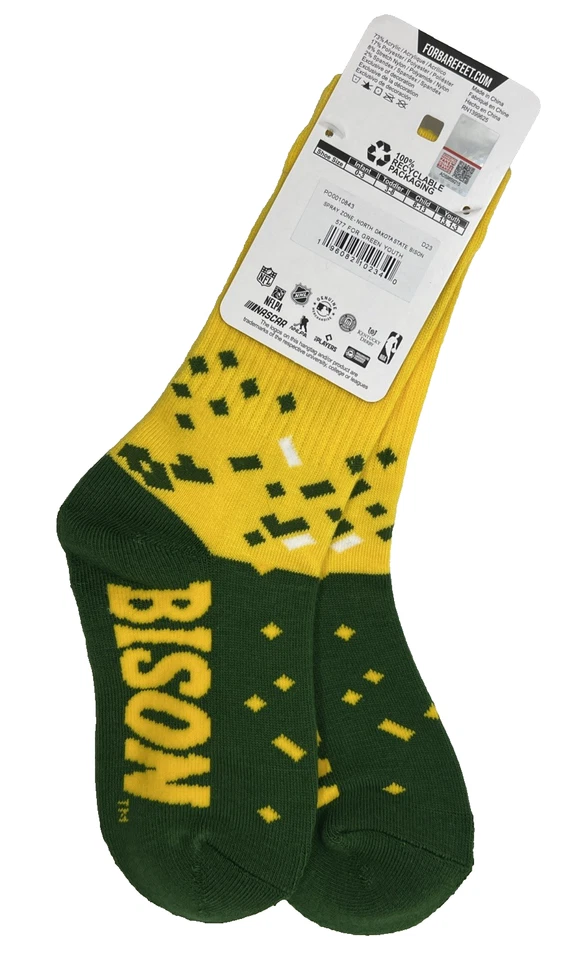 Calcetines Bisonte Universidad Estatal de Dakota del Norte Verde y Amarillo Talla Juvenil ¡NUEVOS! Foto 2 de 4