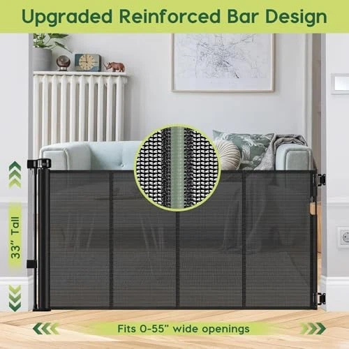 Reinforced 55" Wide Retractable Baby Gates with Reinforced Strips