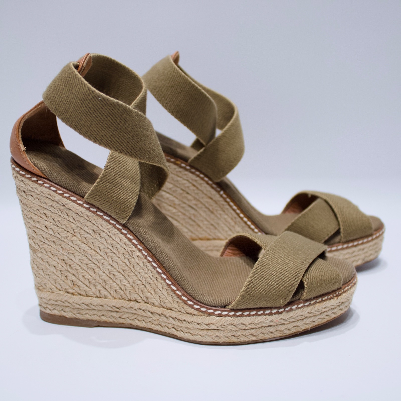 Tory Burch Adonis Wedge Espadrilles Sandals Army Green & Beige Women Size 9B