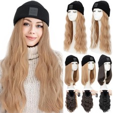 18in Beanie Hat Wig with Hair Attached Long Wavy Black Winter Knitted Hat Warm
