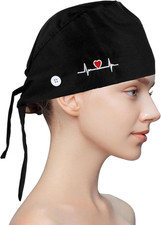 Black Adjustable Scrub Cap with Buttons Sweatband Bouffant Work Hat Unisex