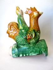 Ceramic Glazed Chinese Immortal Man & Rooster Roof Tile 8" tall