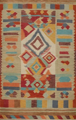 Kilim Vegetable Dye Rug 5x6 Geometric Tribal Wool Flat-weave Kelim Carpet