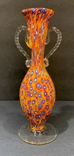 Murano Blown Glass Millefiori Vase Amphora Shaped Orange-Blue-White 7.25x2.5” 