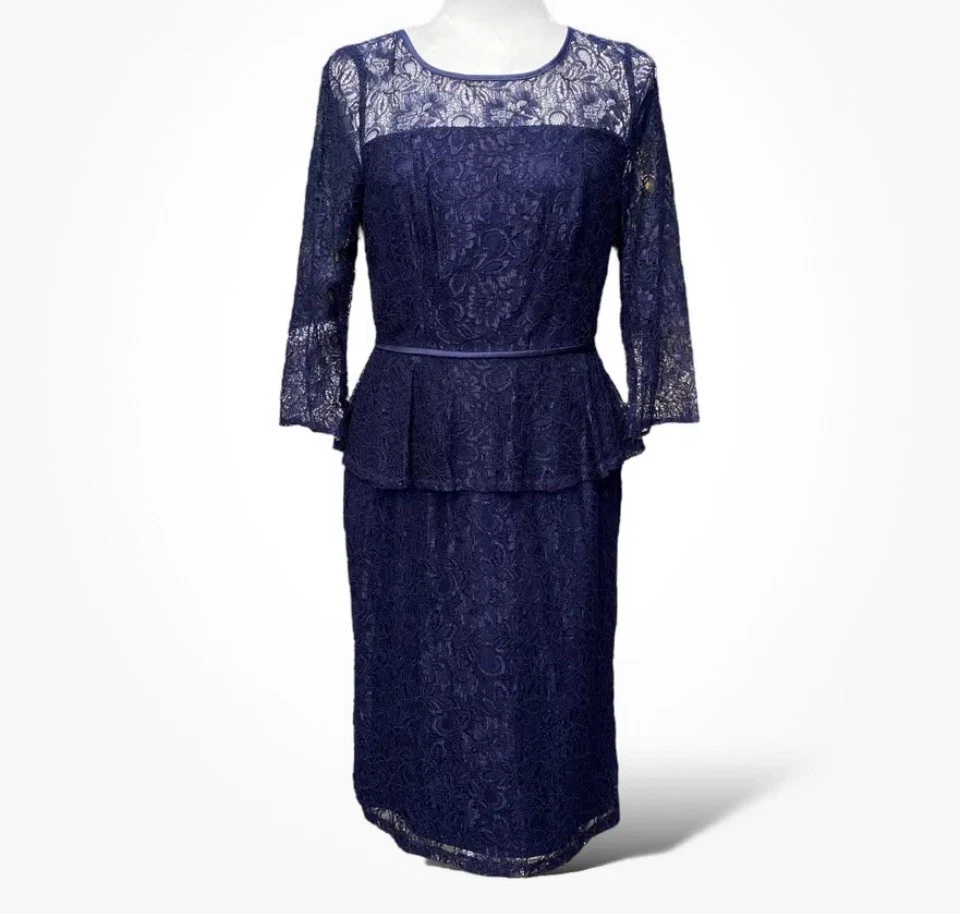 Vestido Peplum Talla 6 Azul Marino Encaje por Adrianna Papell Boda Crucero Nuevo con Etiquetas
