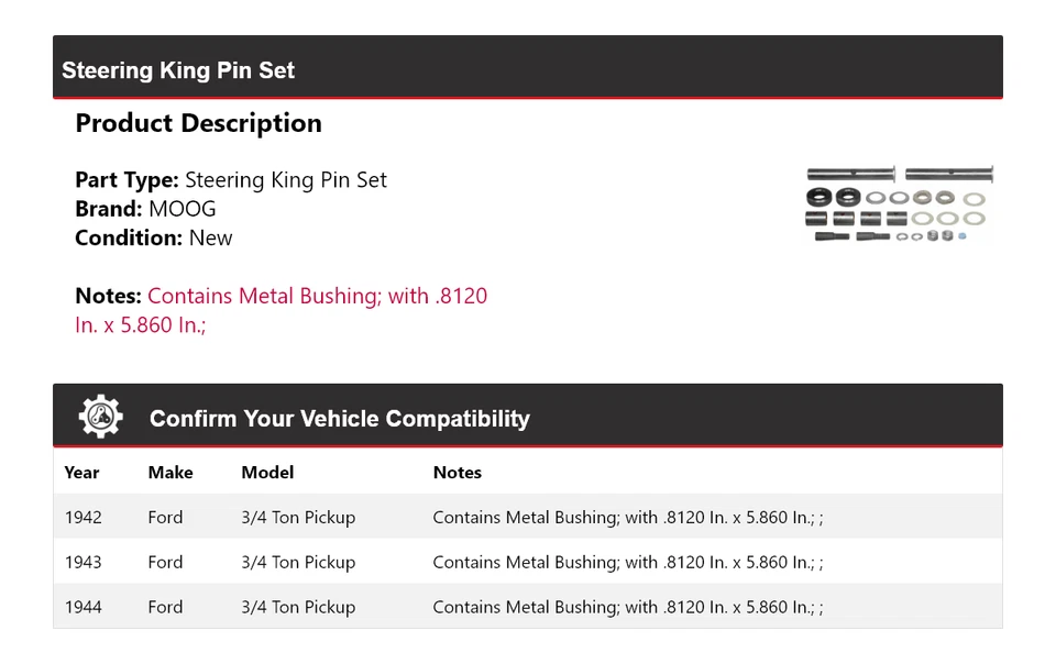 Набор штифтов рулевого управления для пикапа Ford 1942-1944 годов выпуска 3/4 тонны MOOG 1942 1943 1944 - Изображение 2 из 3